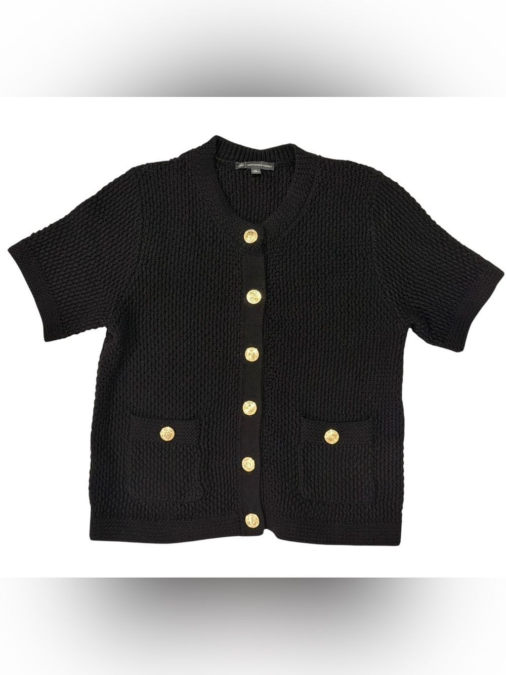 Adrianna Papell Short Sleeve Textured Knit Cardigan Black Gold Buttons Small